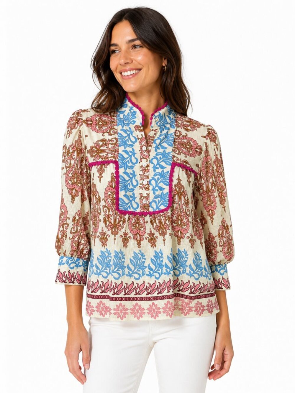 THML Anthropologie Womens Rachel Print Top Puff 3/4 Sleeves Popover Boho Size XS